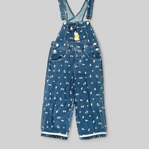 Vintage Winnie the Pooh Kids Denim Overalls Floral Print 7/8